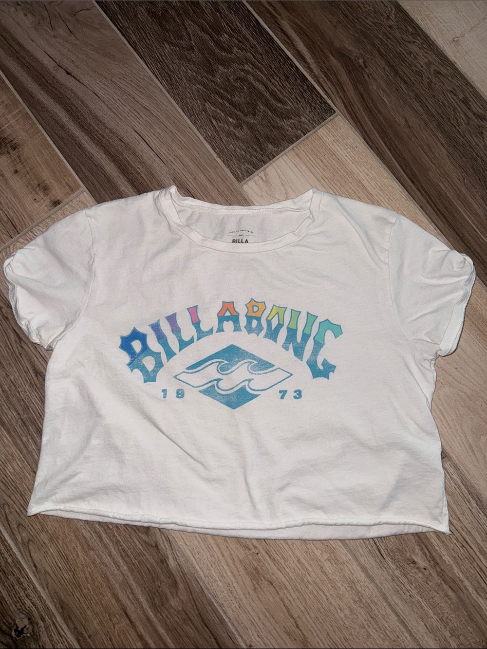 Billabong White Crop Tee with Multicolor Pastel Logo EUC S